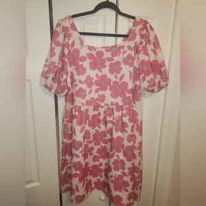 BiBi Brand floral linen dress. White with pink and teal flowers.